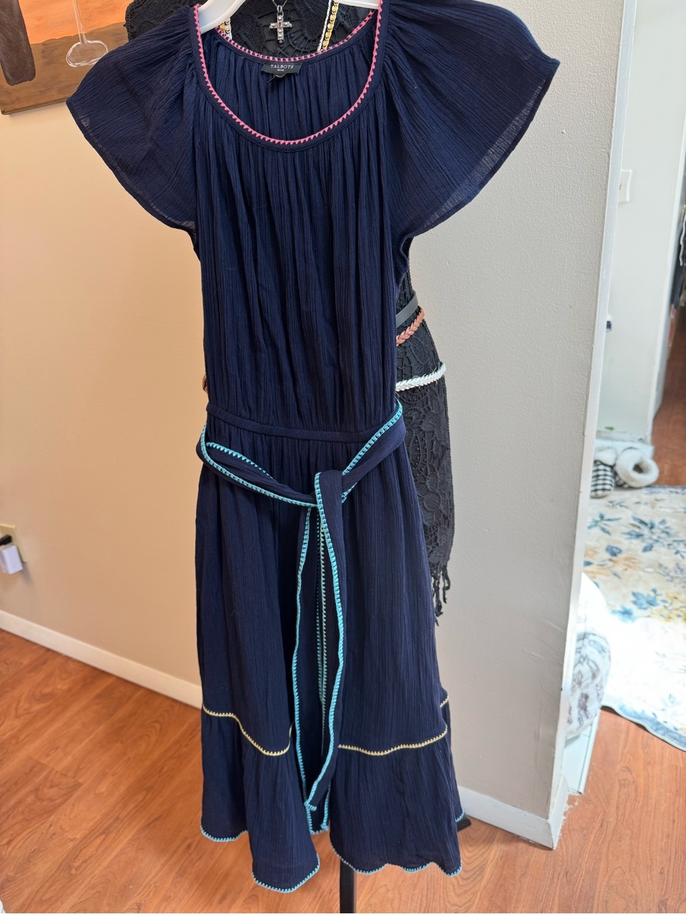 Talbots Navy midi lined Dress with Pink ,Aqua,yellow Trim, excellent